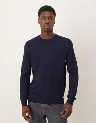 Polo Ralph Lauren Maglione girocollo con logo a icona in lana merino blu navy