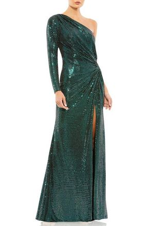 Mac Duggal Sequined One Sleeve Draped Gown in Bottle Green at Nordstrom, Size 14
