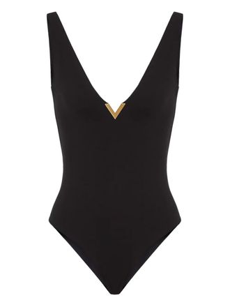 Valentino Garavani logo-plaque V-neck swimsuit - women - Spandex/Elastane/Spandex/Elastane/Polyamide/Polyamide - S - Black