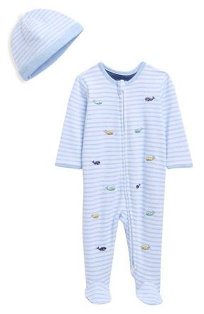 Little Me Whale Cotton Footie & Hat Set in Blue at Nordstrom, Size Newborn