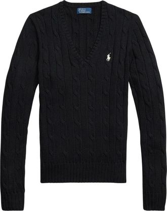 Ralph Lauren Pullover met V-hals en Kabelsteek - Dames - V-hals truien - Zwart - L - Katoen - Truien & Vesten