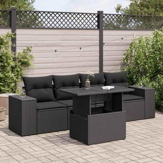 vidaXL Set De Muebles De Jard&iacute;n 5 Pzas Y Cojines Rat&aacute;n Sint&eacute;tico Negro Vidaxl