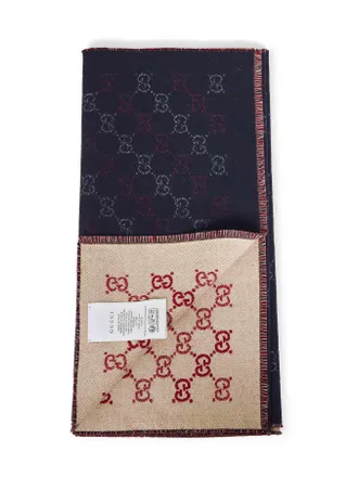 Gucci Mens Navy Blue Gg Jacquard Wool Scarf Scarfs