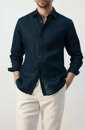 Mango x Casper Ruud Regular Fit Linen Button-Up Shirt in Night Blue at Nordstrom, Size X-Small