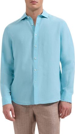 Bugatchi Axel Shaped Fit Linen Button-Up Shirt in Turquoise at Nordstrom, Size Xxx-Large