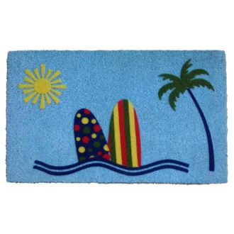 Imports Decor Sunny Beach Coir Door Mat, Surfboard Coconut Fiber Doormat with Palm Tree Design & Non-Slip PVC Backing, Indoor Outdoor Entrance Rug