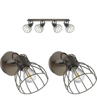 Loops Quad Ceiling Light & 2x Matching Wall Lights Industrial Metal Cage Asjustable