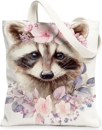 Generic Raccoon Canvas Tote Bags, Flower Print Reusable Grocery Bags, Spring Lightweight Washable Shoulder Strap for Outdoor Travel, White, 13x15 Inch