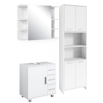 Vicco Conjunto de muebles de baño Maris, Blanco, 3 piezas, con armario alto, armario con espejo de baño y mueble bajo lavabo
