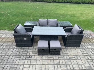 Fimous 6 Seater Rattan Outdoor Furniture Garden Dining Set Patio Height Adjustable Rising lifting Table Love Sofa Chair in Dark Grey
