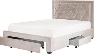 Beliani Cama Con Almacenaje De Terciopelo Beige 140 X 200 Cm Cajones Cabecero Alto Capiton&eacute; Glamuroso Lievin