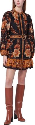 Farm Rio FARM Rio, Short Dresses, female, Multicolor, Size: M Beaded Buckle Long Sleeve Mini Dress