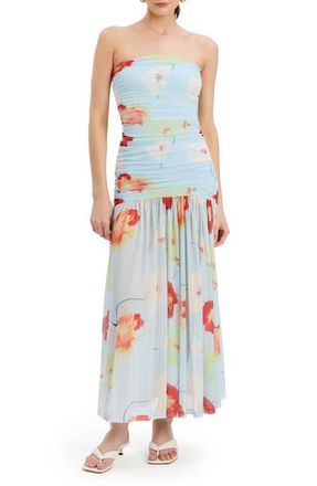 Bardot Solana Floral Strapless Mesh Maxi Dress in Baby Blue Floral at Nordstrom, Size 12