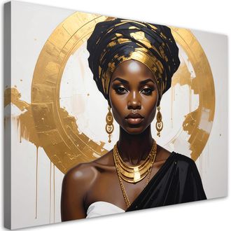 Feeby Cuadro Sobre Lienzo, Retrato De Una Mujer Con Un Turbante Dorado En Estilo Glamour, 120x80
