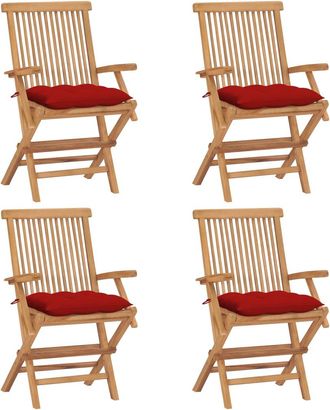 vidaXL Sillas De Jard&iacute;n 4 Uds Madera Maciza De Teca Con Cojines Rojos Vidaxl