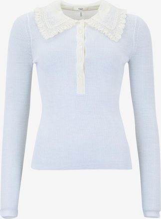 Chlo&eacute; Extrafeines Woll-Strick-Polohemd mit Spitzenkragen