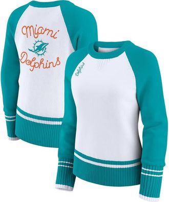 WEAR by Erin Andrews Womens WEAR by Erin Andrews White/Aqua Miami Dolphins Colorblock Raglan Sweater at Nordstrom, Size Xx-Large