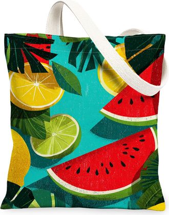 Generic Fruits Canvas Tote Bags, Colorful Citrus and Watermelon Pattern Reusable Grocery Bags, Summer Lightweight Washable Shoulder, Colorful, 13x15 Inch