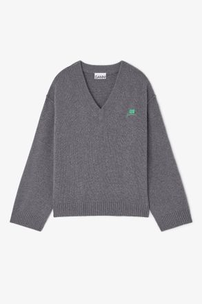 Ganni Grey Wool Mix V-neck Jumper - Size XXS/XS