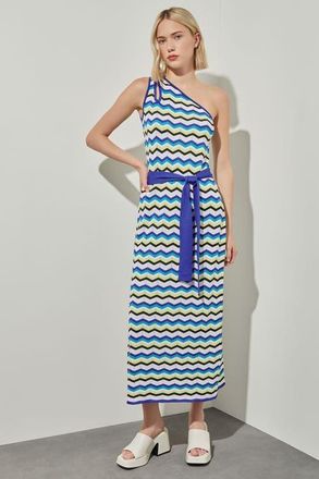 Ming Wang Modern Fit One Shoulder Column Maxi Dress in Bermud/sapphir/limon/white/blk at Nordstrom, Size Xx-Small