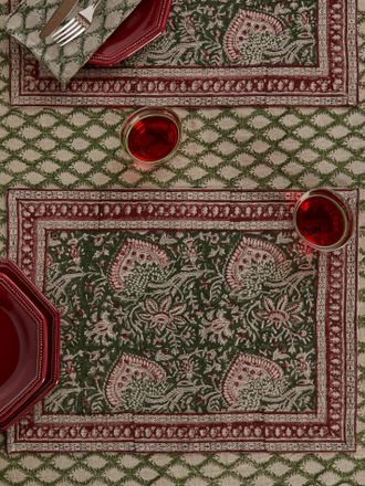 Chamois Cypress Block-Printed Linen Placemats & Napkins (Set of 4)