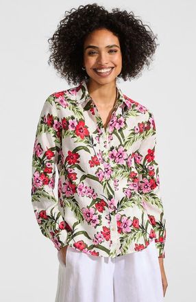 Lands End Linen Long Sleeve Feminine Shirt in Ivory/pink Multi Floral Tropic at Nordstrom, Size X-Large