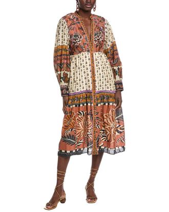 Farm Rio Ainika Floral Beige V Neckline Midi Dress