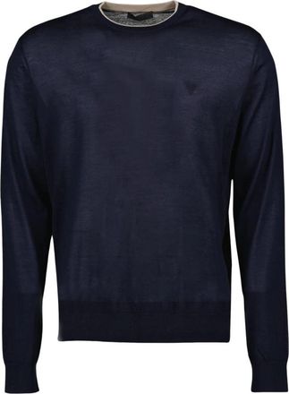 Prada Blauwe Trui van Wol en Zijde - Heren - Ronde hals truien - Blauw - L - Wol - Truien & Vesten