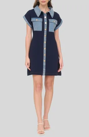 ZOE AND CLAIRE Knit Denim Trim Minidress in Navy at Nordstrom, Size X-Small