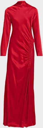 Sally Lapointe Long-Sleeve Double-Face Satin Ruched Tab Gown