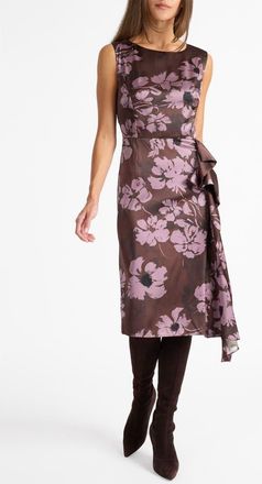 Santorelli Nica Sleeveless Dress with Side Ruffle in Floral Twill Crepe in Raisin at Nordstrom, Size 10