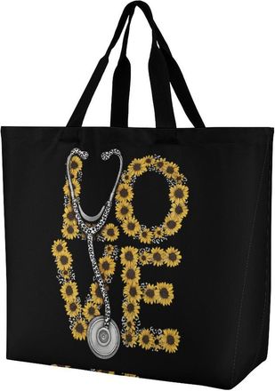 Generic Nurse Sunflower Love Reusable Shopping Bags Large Capacity Grocery Bag Heavy Duty Tote for Women 40x40x16cm