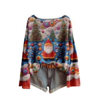 Generic Funny Christmas Jumper for Women, Long Sleeve Loose Fit Boat Neck Sweater Pullover, Festive Knitted Jumper with Multiple Designs for Holiday & Casual 