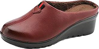 Generic Momolaa UK 5.5 Clearance Womens Ladies Leather Wedge Slippers Clogs Sherpa Lined Indoor/Outdoor Slip-Ons Mule Slippers with Plush Lining and Rubber Ou