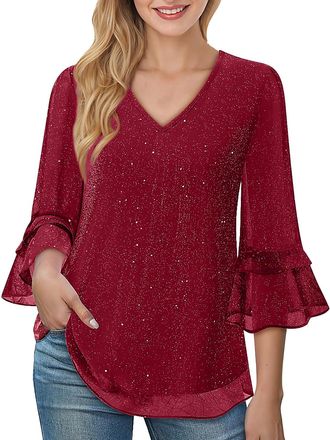Generic Sequin Tops for Women UK - Sparkly Elegant Blouses, 3/4 Flared Sleeve V Neck Tunic Top, Ladies Loose Double Layers Mesh Shirts, Glitter Casual Baggy T