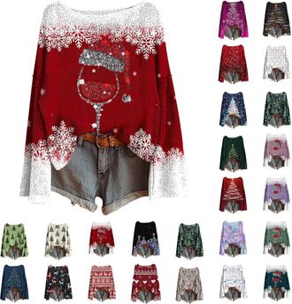 Generic Christmas Jumpers for Women UK Xmas Tree Graphic Knitted Sweater Women Lightweight Long Sleeves Xmas Tops Fashion Crew Neck Womens Pullover Sweaters F