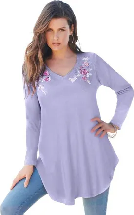 Roaman's Plus Size Knit Thermal V Neck Swing Tunic Long Sleeve in Lavender Violet Roses at Nordstrom, Size 28