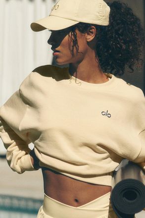 Alo | Cropped Accolade Crewneck Top in Candlelight Yellow, Size: Medium