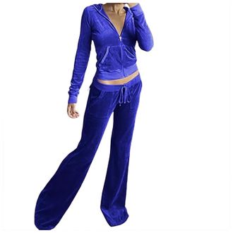 Generic Womens Velour Tracksuits Set Sweatsuit Long Sleeve Zip Up Hoodie Top and Jogging Pants 2 Piece Sports Outfits Casual Loungewear Ladies Velvet Jogger S