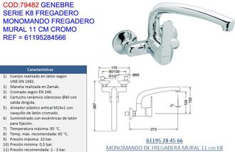 Genebre Genebre - Grifo K8 Monomand Fregadero Mural 11 Cm Cr 61195284566