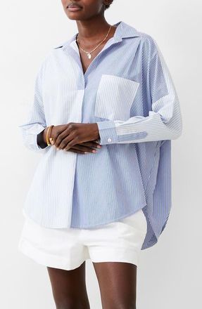 French Connection Mixed Stripe Popover Shirt in Light Linen Navy at Nordstrom, Size X-Large