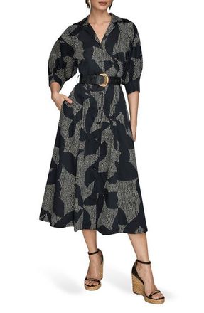 DKNY Abstract Print Belted Midi Shirtdress in Black/Sand at Nordstrom, Size 14