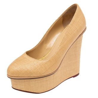 Charlotte Olympia Cream Yellow Raffia Carmen Wedge Platform Pumps