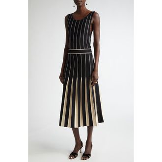 St. John Two-Tone Pleated Sleeveless Knit Dress in Black/Willow at Nordstrom, Size Large