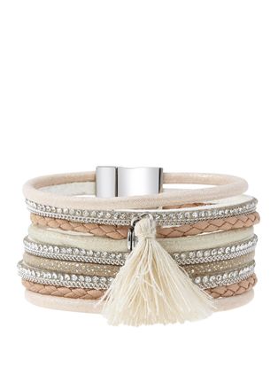 Lascana Wickelarmband LASCANA Layer Armband mit Tassel, Damen, Gr. 19cm, Metall Textil, rosa (altrosa, creme), Metall, Textil, bunt, glitzernd, Armb&auml;nder Wick