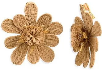 Oscar De La Renta Large Flower Woven Raffia Clip-On Earrings in Natural at Nordstrom