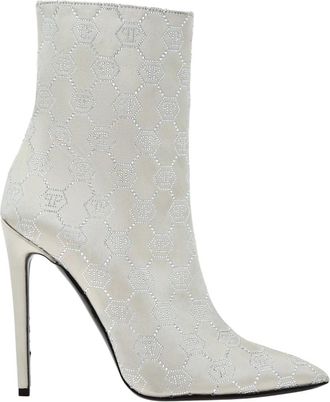 Philipp Plein Schoenen, Dames, Beige, 37 EU, Satijn, Satijnen Laarzen Hoge Hakken Midden Monogram Strass
