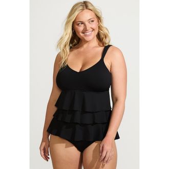 Lands End Plus Size Ruffle Fauxkini One Piece Swimsuit in Black at Nordstrom, Size 22W