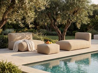 Vente-Unique Salotto da giardino in tessuto 4 posti: 1 divano, 1 chaise longue e un pouf Beige - NOUMARA di MYLIA