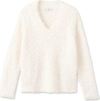 Mango Faux Fur V-Neck Sweater in Ecru at Nordstrom Rack, Size Small